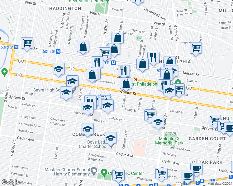 map of restaurants, bars, coffee shops, grocery stores, and more near 5530 Walnut Street in Philadelphia