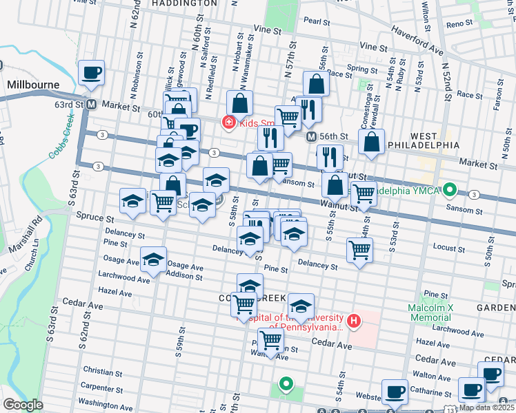 map of restaurants, bars, coffee shops, grocery stores, and more near 223 South Alden Street in Philadelphia
