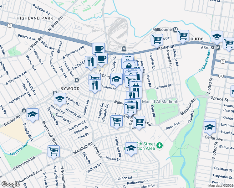 map of restaurants, bars, coffee shops, grocery stores, and more near 150 Hampden Road in Delaware County