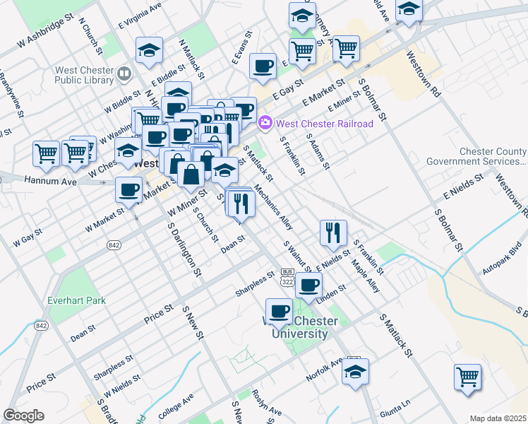 map of restaurants, bars, coffee shops, grocery stores, and more near 309 South Walnut Street in West Chester