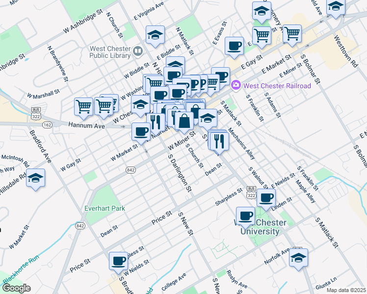 map of restaurants, bars, coffee shops, grocery stores, and more near 106 West Barnard Street in West Chester