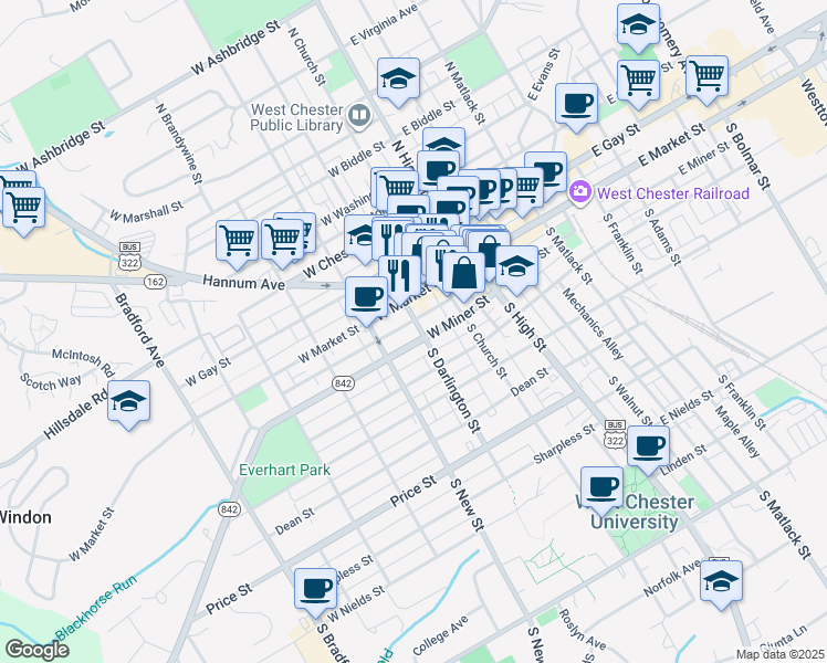 map of restaurants, bars, coffee shops, grocery stores, and more near 116 South Darlington Street in West Chester