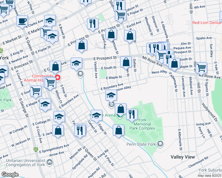 map of restaurants, bars, coffee shops, grocery stores, and more near 708 East Boundary Avenue in York