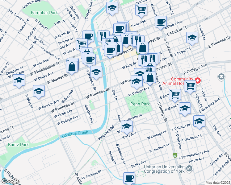 map of restaurants, bars, coffee shops, grocery stores, and more near 231 West College Avenue in York