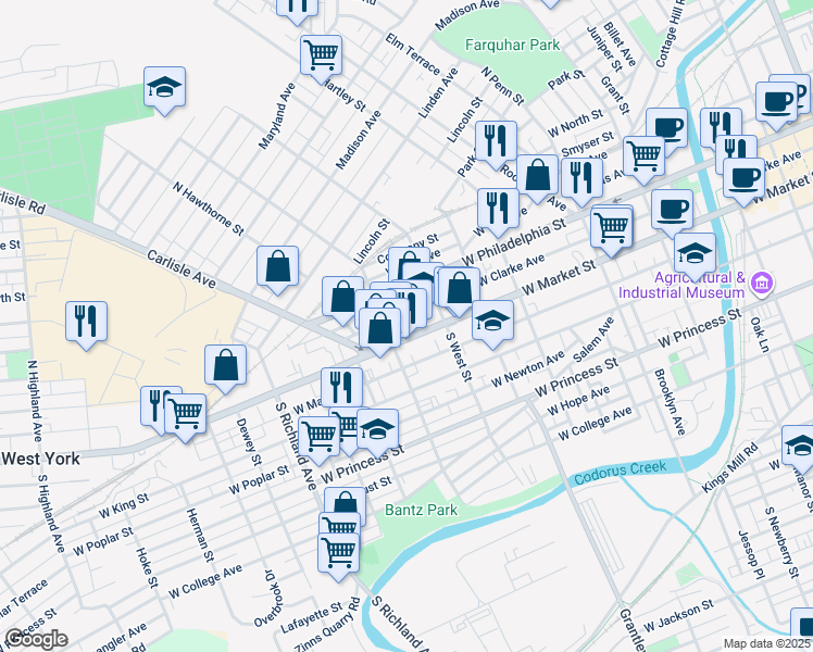 map of restaurants, bars, coffee shops, grocery stores, and more near 652 West Market Street in York