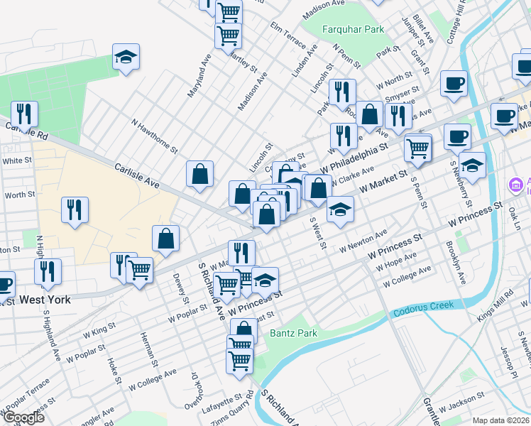map of restaurants, bars, coffee shops, grocery stores, and more near in York