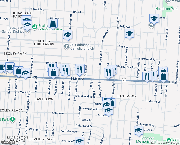 map of restaurants, bars, coffee shops, grocery stores, and more near 2994 East Main Street in Columbus
