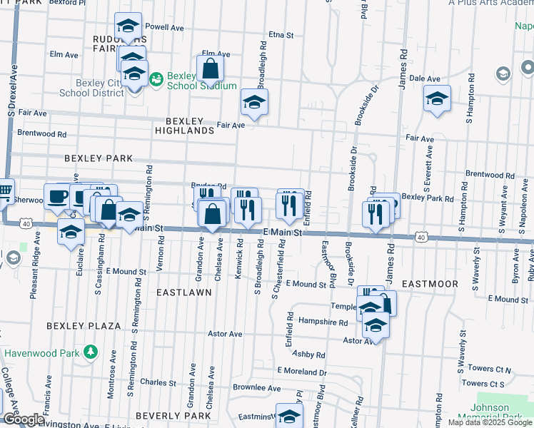 map of restaurants, bars, coffee shops, grocery stores, and more near 2830 East Main Street in Columbus
