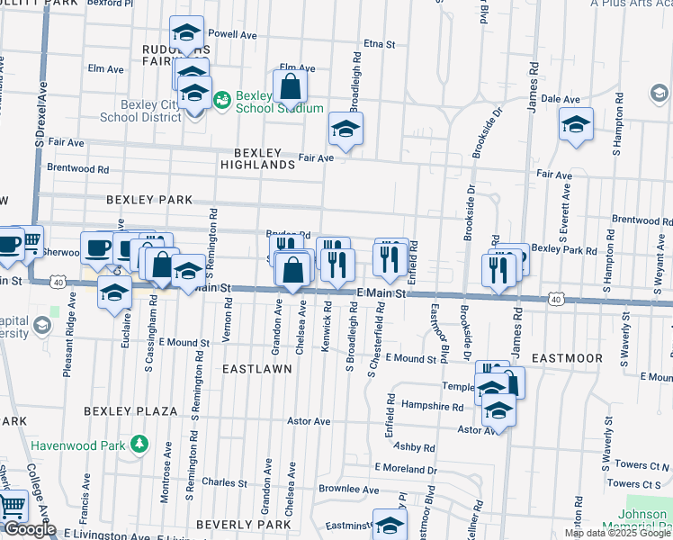 map of restaurants, bars, coffee shops, grocery stores, and more near 2830 East Main Street in Columbus