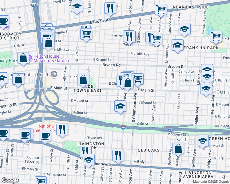 map of restaurants, bars, coffee shops, grocery stores, and more near 995 McAllister Avenue in Columbus
