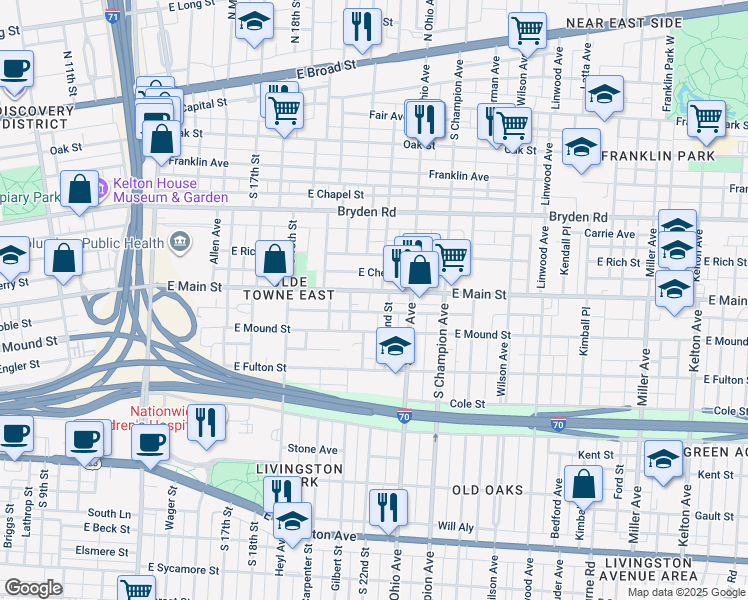 map of restaurants, bars, coffee shops, grocery stores, and more near 995 McAllister Avenue in Columbus
