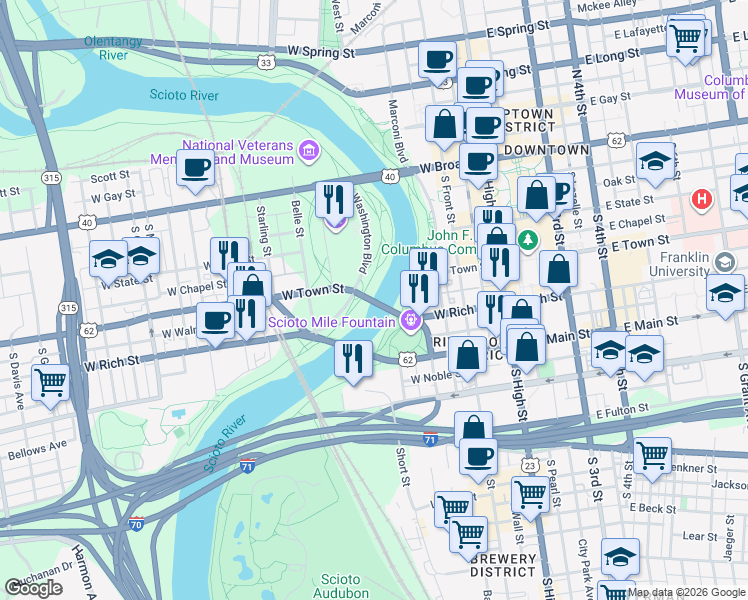 map of restaurants, bars, coffee shops, grocery stores, and more near 111 W Rich St in Columbus