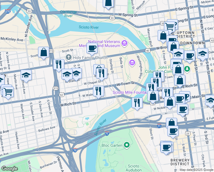 map of restaurants, bars, coffee shops, grocery stores, and more near 425 West Town Street in Columbus
