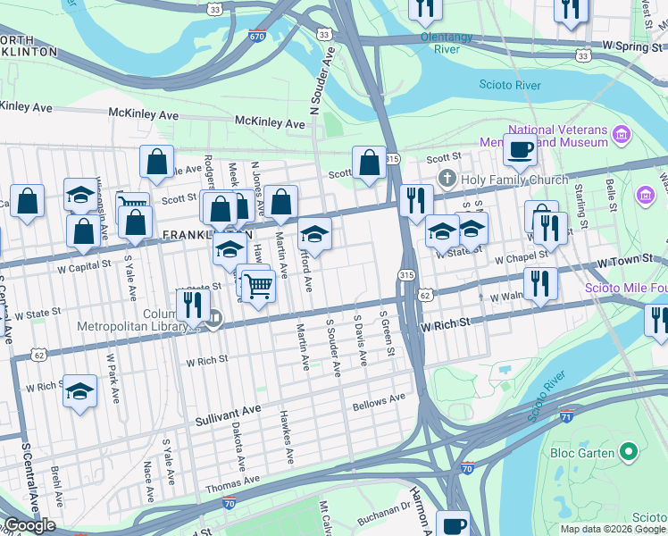 map of restaurants, bars, coffee shops, grocery stores, and more near 127 South Davis Avenue in Columbus