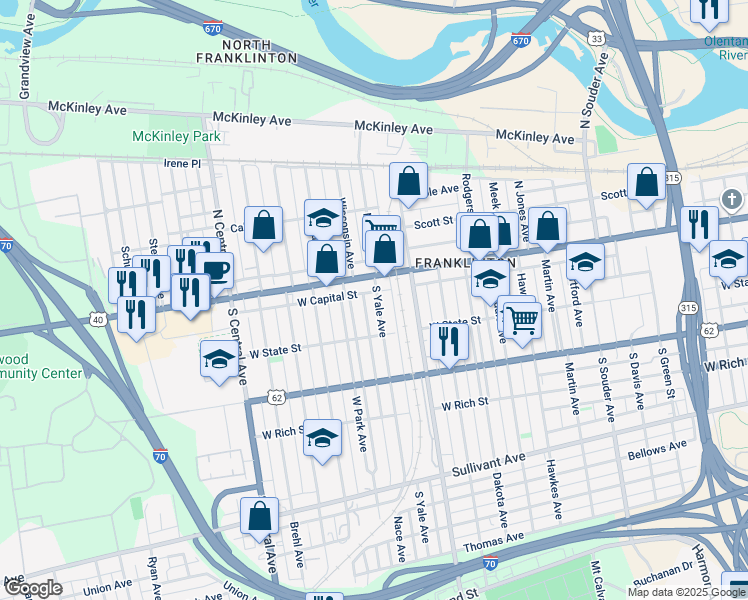 map of restaurants, bars, coffee shops, grocery stores, and more near 68 West Park Avenue in Columbus