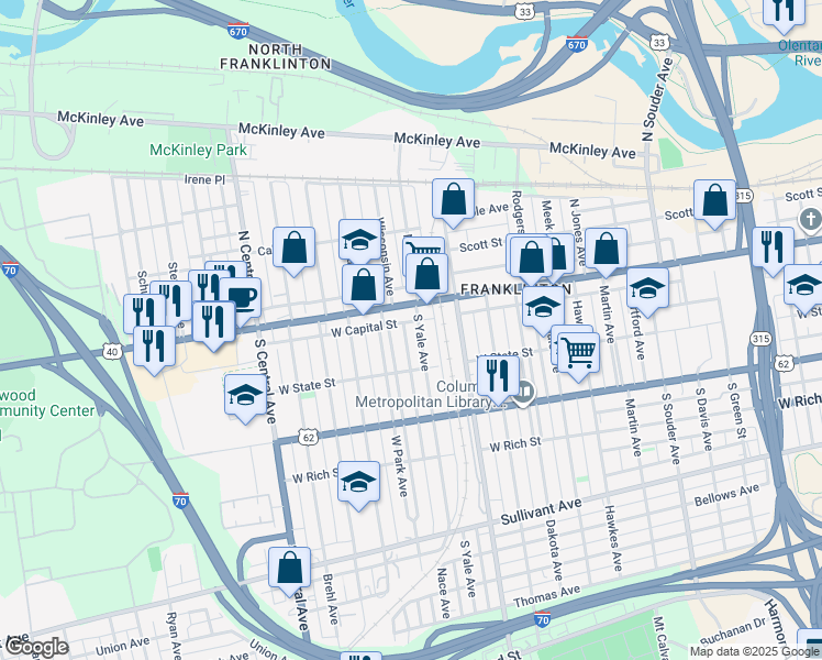 map of restaurants, bars, coffee shops, grocery stores, and more near 68 West Park Avenue in Columbus