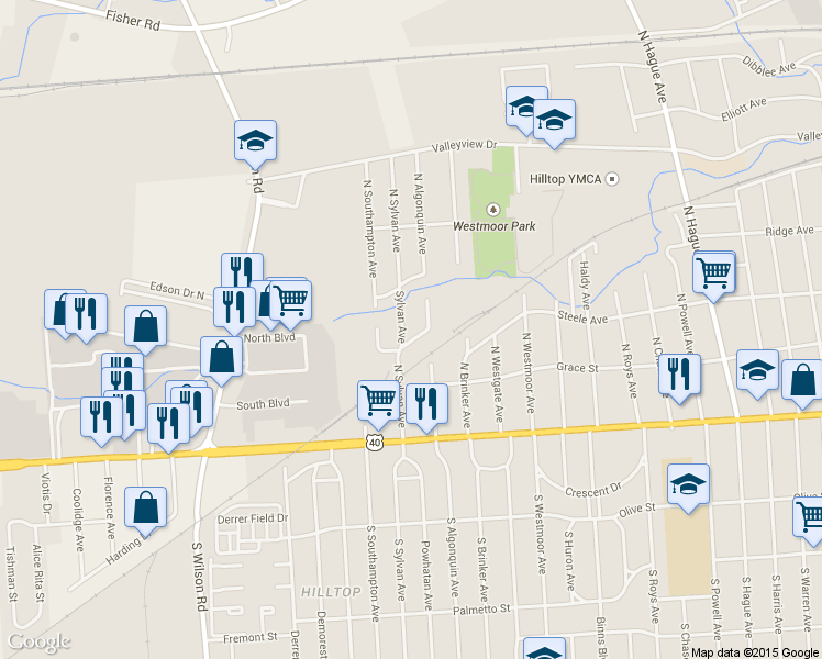 map of restaurants, bars, coffee shops, grocery stores, and more near 110 North Sylvan Avenue in Columbus