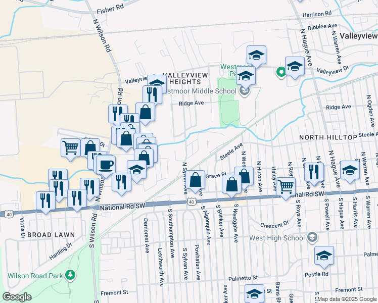 map of restaurants, bars, coffee shops, grocery stores, and more near 110 North Sylvan Avenue in Columbus