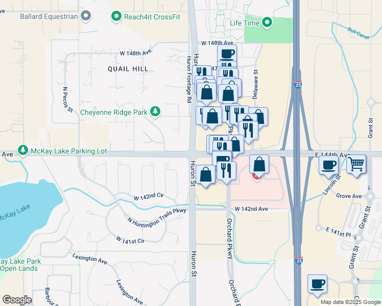 map of restaurants, bars, coffee shops, grocery stores, and more near Huron Street & West 144th Avenue in Westminster