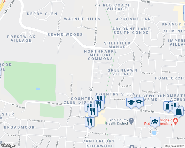 map of restaurants, bars, coffee shops, grocery stores, and more near 2560 North Limestone Street in Springfield