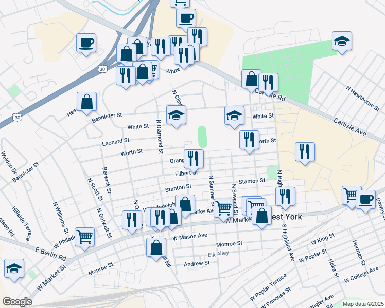 map of restaurants, bars, coffee shops, grocery stores, and more near 1737 Orange Street in York