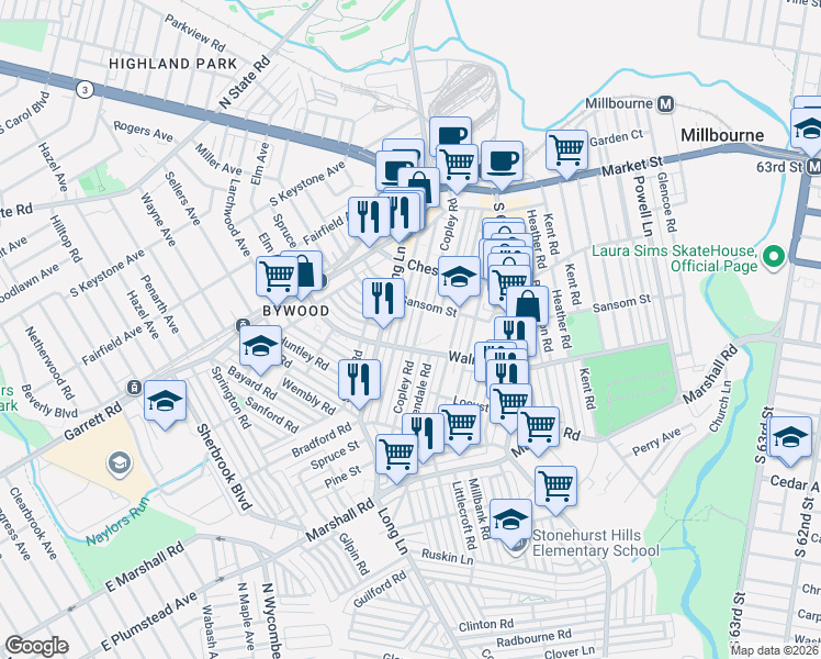 map of restaurants, bars, coffee shops, grocery stores, and more near 340 Wiltshire Road in Delaware County