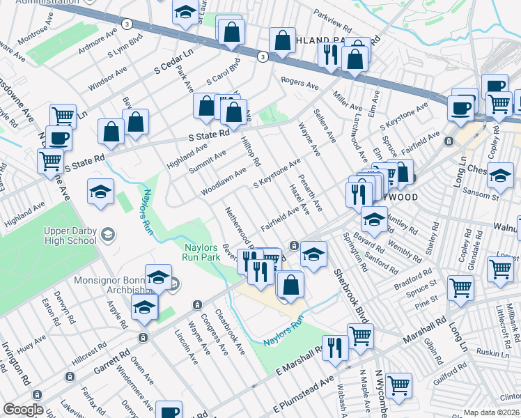 map of restaurants, bars, coffee shops, grocery stores, and more near 501 Midvale Road in Delaware County