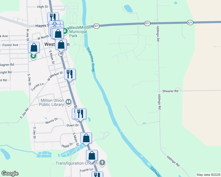 map of restaurants, bars, coffee shops, grocery stores, and more near 5400 Iddings Road in West Milton