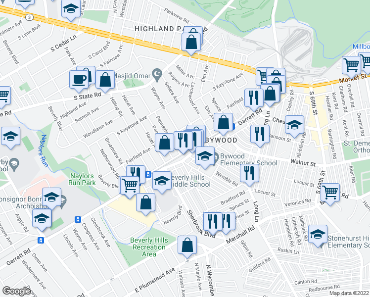 map of restaurants, bars, coffee shops, grocery stores, and more near 7000 Wayne Avenue in Upper Darby