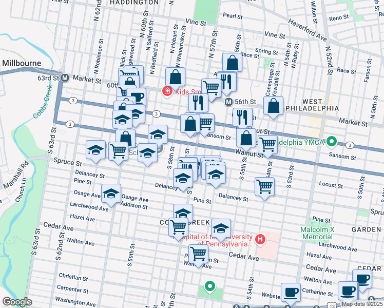 map of restaurants, bars, coffee shops, grocery stores, and more near 222 South 57th Street in Philadelphia