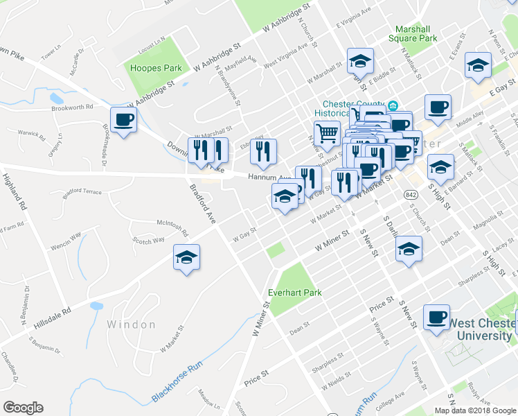 map of restaurants, bars, coffee shops, grocery stores, and more near 99 North Everhart Avenue in West Chester