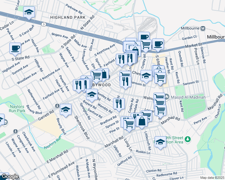 map of restaurants, bars, coffee shops, grocery stores, and more near in Millbourne
