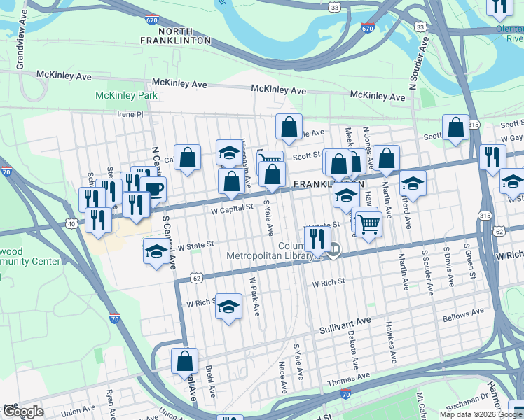 map of restaurants, bars, coffee shops, grocery stores, and more near 68 West Park Avenue in Columbus