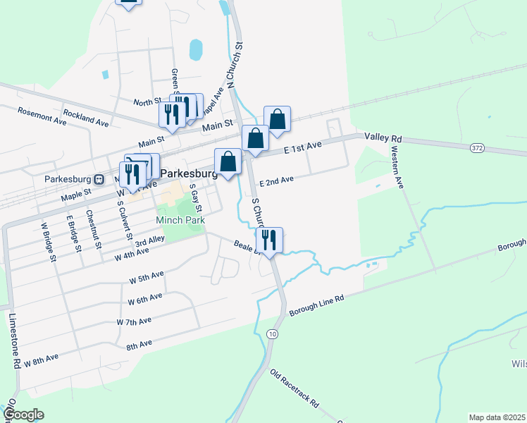map of restaurants, bars, coffee shops, grocery stores, and more near 147 South Church Street in Parkesburg
