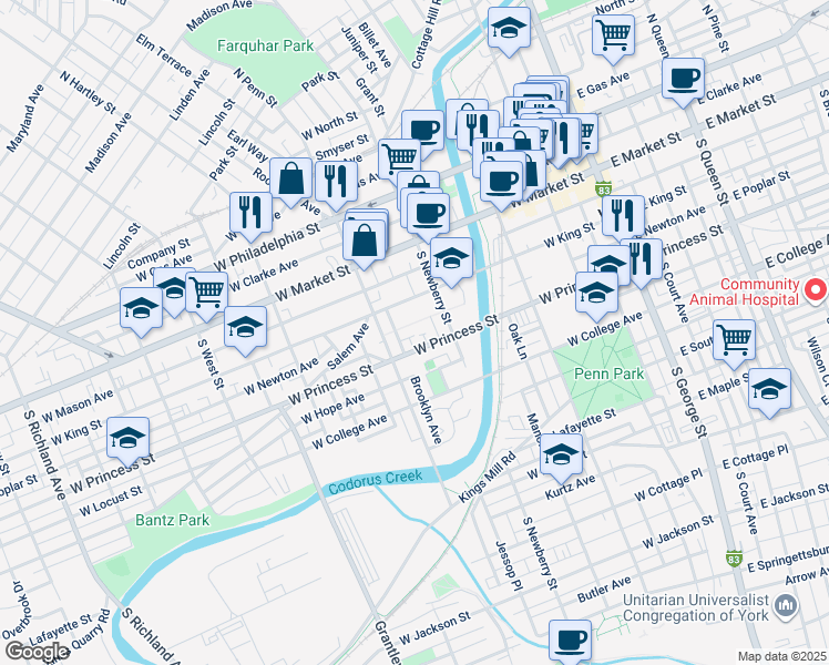 map of restaurants, bars, coffee shops, grocery stores, and more near 344 West Newton Avenue in York