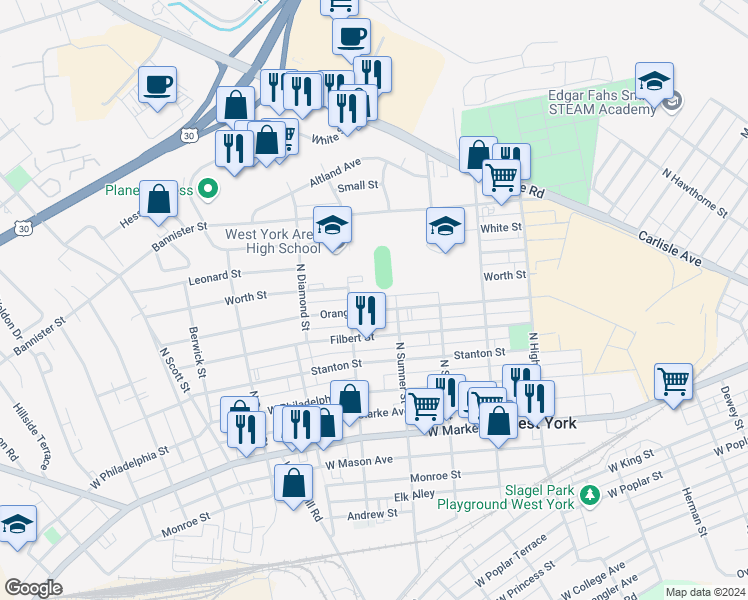 map of restaurants, bars, coffee shops, grocery stores, and more near 1723 Orange Street in York