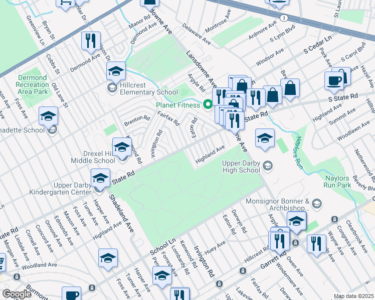 map of restaurants, bars, coffee shops, grocery stores, and more near 748 Fairfax Road in Drexel Hill