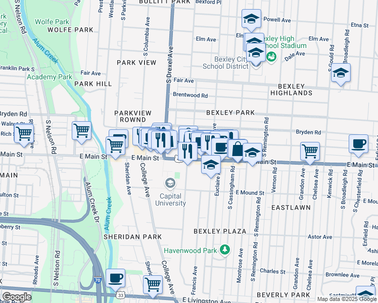 map of restaurants, bars, coffee shops, grocery stores, and more near 2344 U.S. 40 in Bexley
