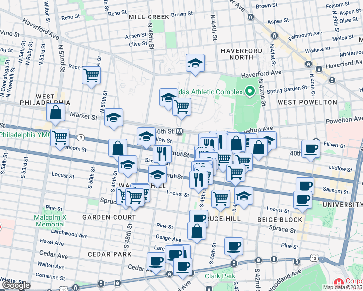 map of restaurants, bars, coffee shops, grocery stores, and more near 4618 Ludlow Street in Philadelphia