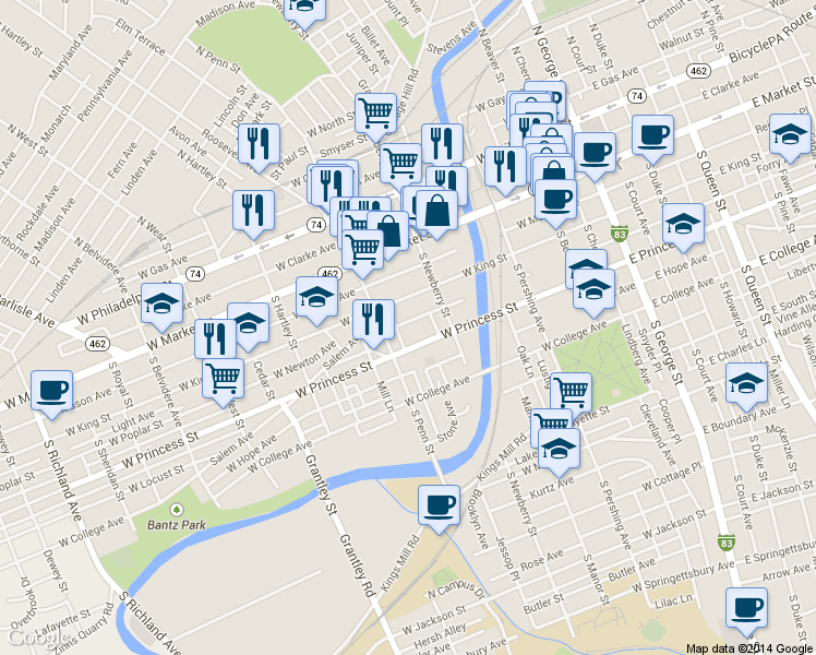 map of restaurants, bars, coffee shops, grocery stores, and more near 346 West Newton Avenue in York