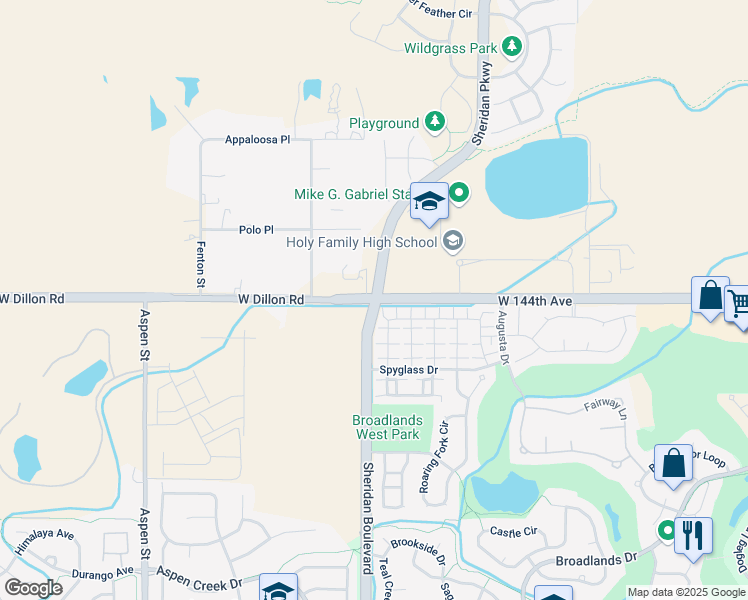 map of restaurants, bars, coffee shops, grocery stores, and more near Sheridan Blvd & W 144th Ave in Broomfield