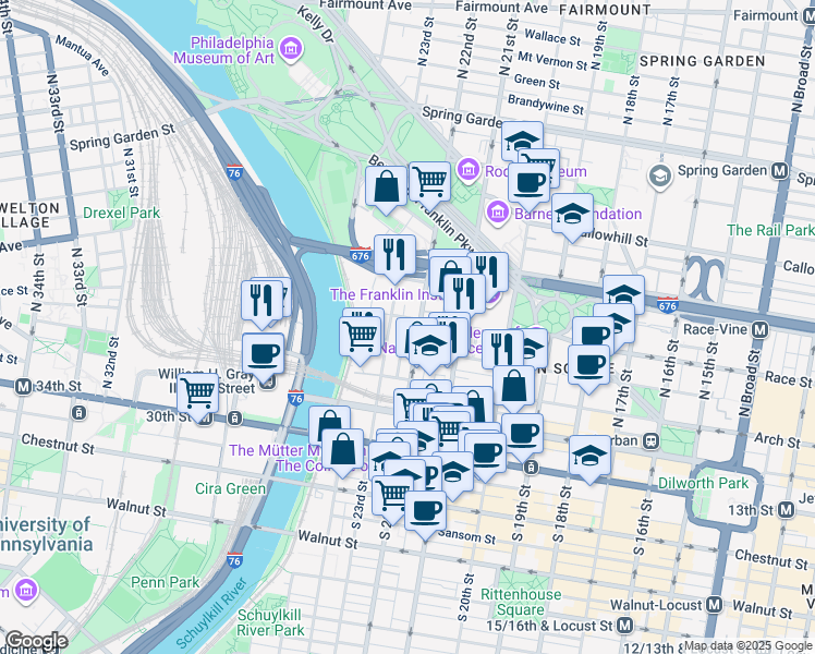 map of restaurants, bars, coffee shops, grocery stores, and more near 2301 Cherry Street in Philadelphia