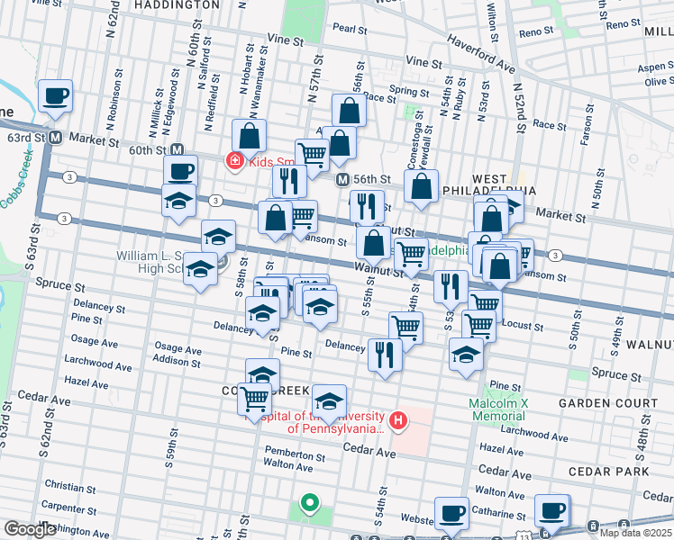map of restaurants, bars, coffee shops, grocery stores, and more near 5542 Walnut Street in Philadelphia