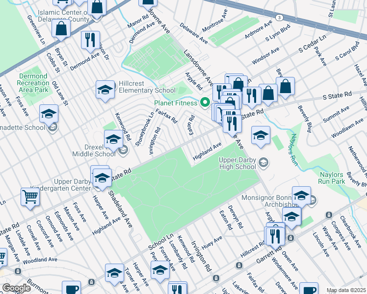 map of restaurants, bars, coffee shops, grocery stores, and more near 748 Fairfax Road in Drexel Hill