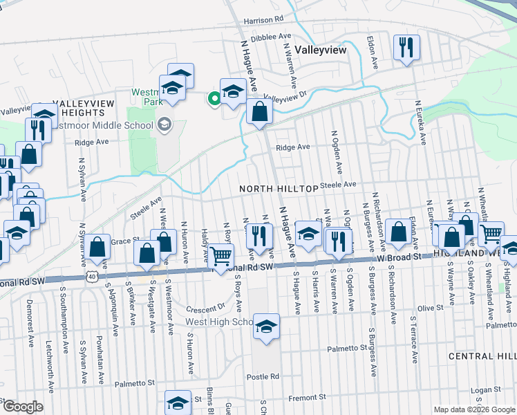 map of restaurants, bars, coffee shops, grocery stores, and more near 101 North Powell Avenue in Columbus