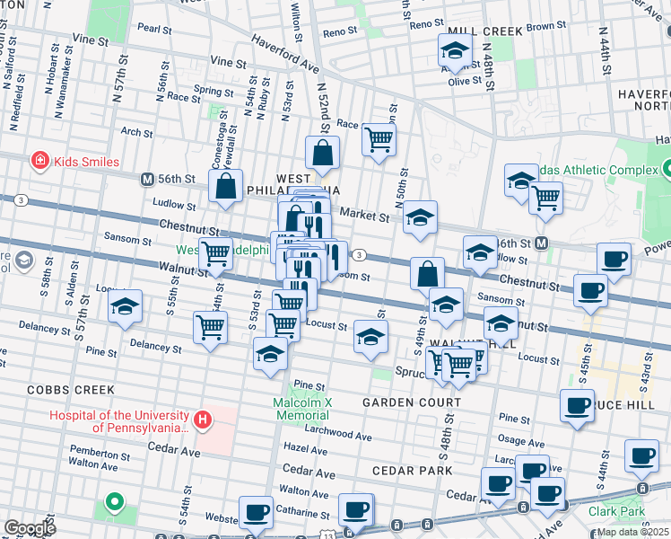 map of restaurants, bars, coffee shops, grocery stores, and more near 5115 Sansom Street in Philadelphia