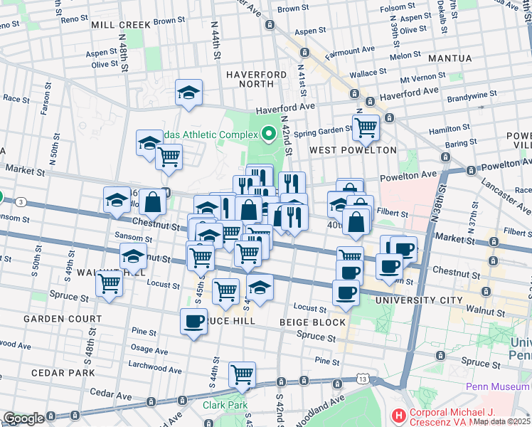 map of restaurants, bars, coffee shops, grocery stores, and more near 3 South 43rd Street in Philadelphia