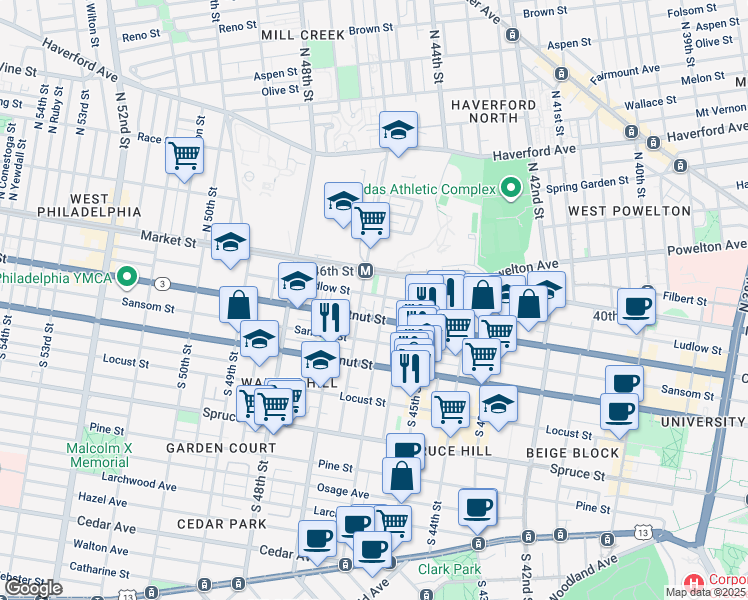 map of restaurants, bars, coffee shops, grocery stores, and more near 4614 Ludlow Street in Philadelphia