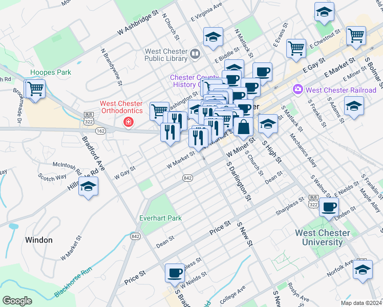 map of restaurants, bars, coffee shops, grocery stores, and more near 313 West Market Street in West Chester