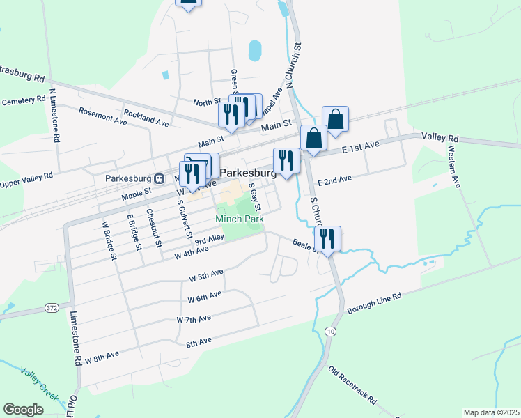 map of restaurants, bars, coffee shops, grocery stores, and more near 157 South Gay Street in Parkesburg